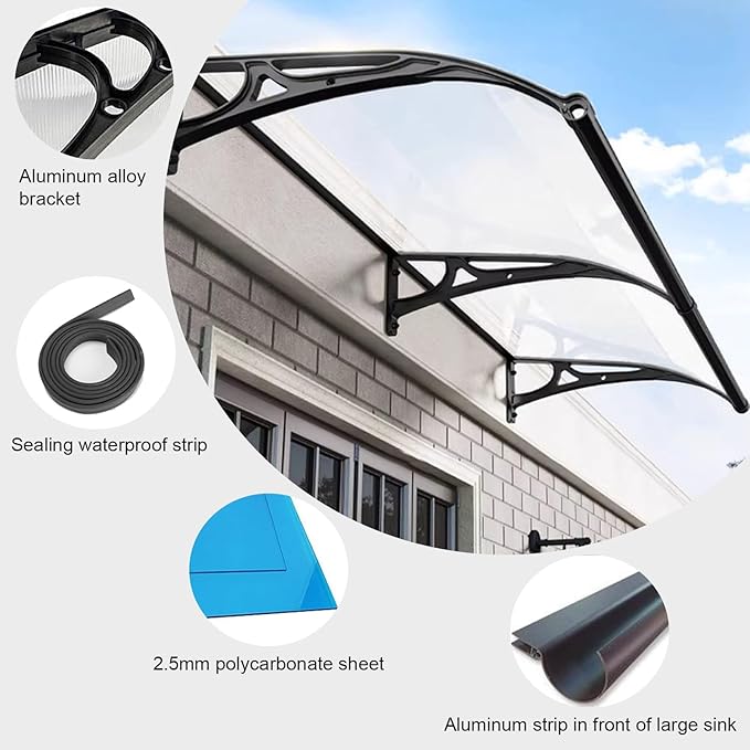 Door Canopy Window Awning Curved Rain Cover, Patio Sun Shetter, Window Awning Rain Shelter, Back Porch Garden Awning, Polycarbonate Cover, Uv Rain Snow Protection-Transparent-80x220cm/31x87in