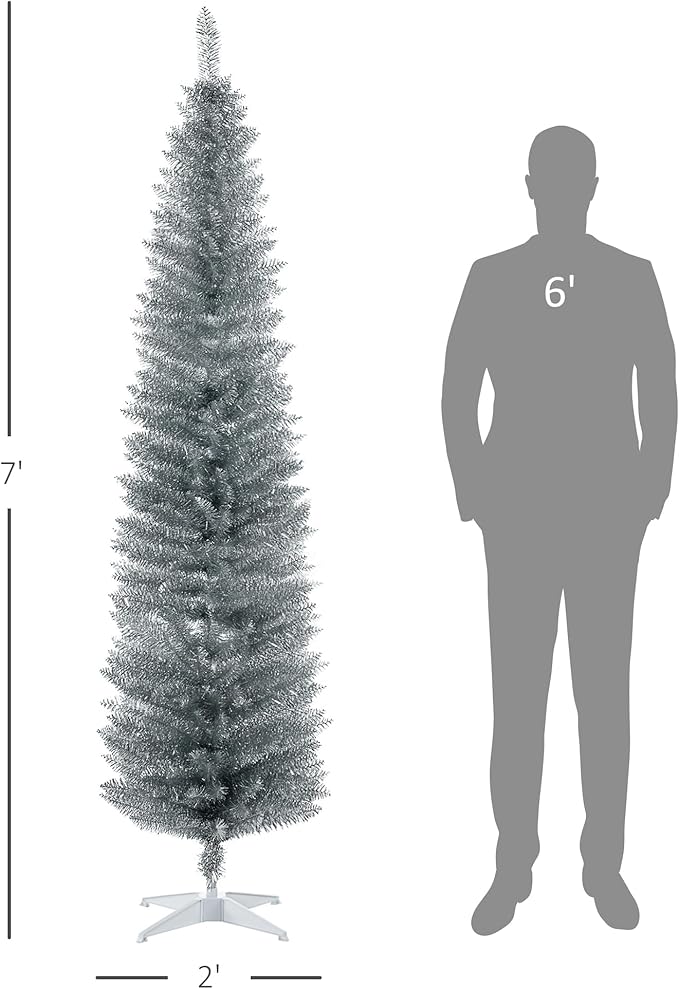 HOMCOM 7' Artificial Pencil Christmas Tree, Slim Xmas Tree with 499 Realistic Branch Tips and Plastic Stand, Silver
