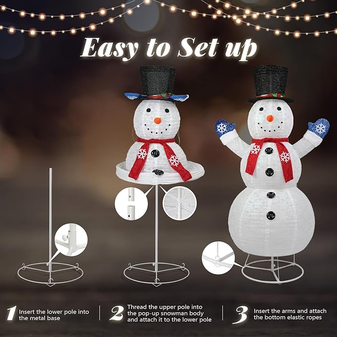 VINGLI 6FT Lighted Snowman Christmas Decorations Outside w/ 200 LED Lights, Pop-up Snowman Ornaments Outdoor with Ground Stakes for Party Holiday Indoor Decor