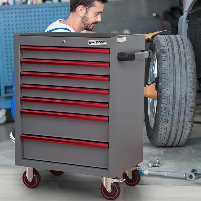 7-Drawer Rolling Tool Chest with Locking Wheels & Drawers, 18.11 D x 26.61 W x 38.3 H Mobile Tool Storage Cabinet, Heavy-Duty Garage Organizer with Ergonomic Handle