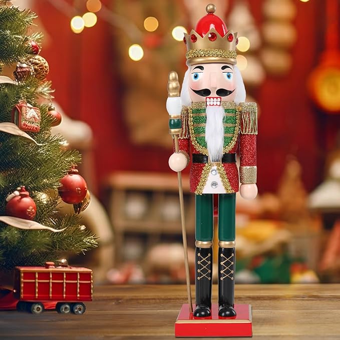 Christmas Nutcracker Decorations Nutcracker Figure 15 Inch Wooden Nutcrackers Collectible Ornament Nutcrackers Soldier for Table Desktop Home Christmas Decor Xmas Indoor Decor Shiny Red