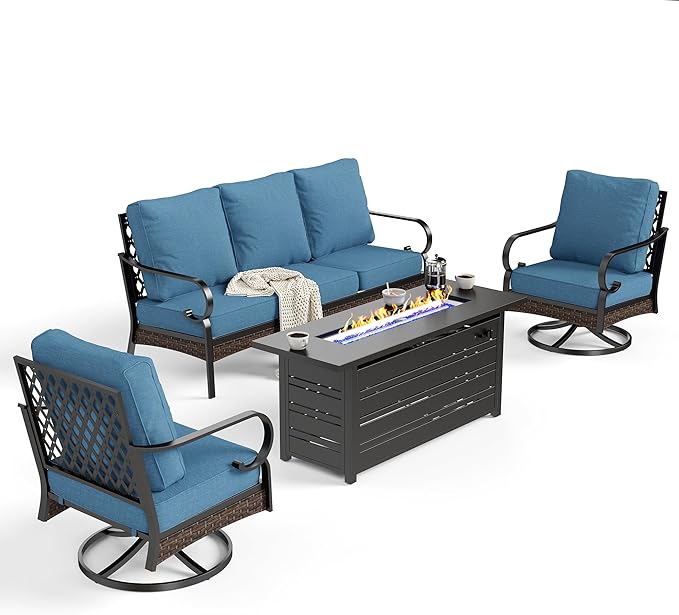 4 Piece Metal Outdoor Patio Furniture Sets with Firepit Table, Patio Conversation Sets 1 3-Seater Sofa, 2 Swivel Sofa with 5.75" Thick Cushion Backyard Furniture for Deck, Denim Blue