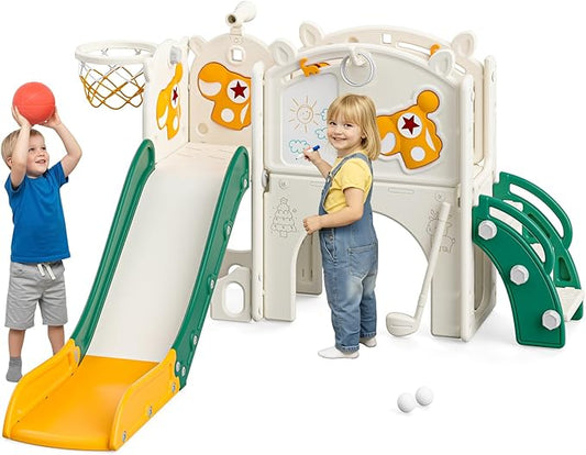 Mloong Toddler Slide for Kids - 10 in 1 Kids Slide for Toddlers Baby 1-3 Years Old, Indoor and Outdoor with Basketball Hoop Golf Drawing Set, Easy Assembly Elk Theme (Green)(54×62×39in)