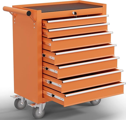 7-Drawer Tool Chest,Rolling Tool Cart with Wheels,High Capacity Tool Cabinet with Locking System for Garage, Warehouse, Workshop-Orange