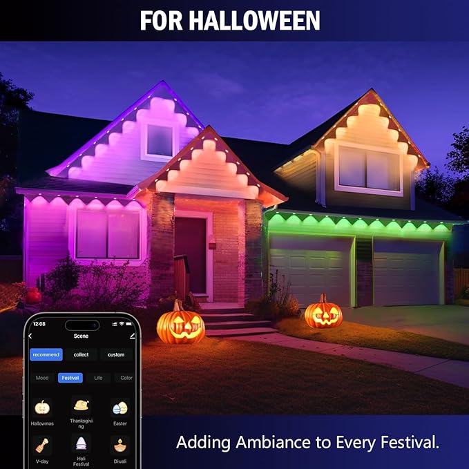 wowlite Permanent Christmas Smart RGB Outdoor Lights, 50FT Color Changing, Exterior Waterproof LED Eaves Lights for House Trim, Game Day Daily Lighting
