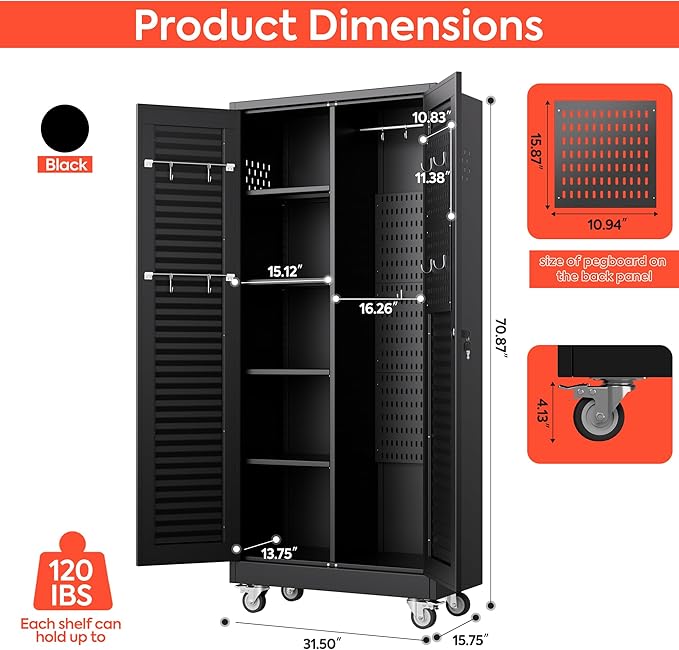 Aobabo Metal Broom Closet Storage Cabinets,Steel Mop and Broom Cabinet with Adjustable Shelves,Lock,Pegboards and Wheels,Assembly Required,Black