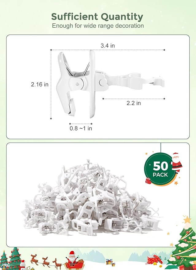 C7 C9 Christmas Lights Clips, 50 Count Holiday Lights Quick Spring Clips, Shatterproof Shingle and Gutter Clips for E12, E17 Socket, Rope Lights Roofline Fence Railing Mantel Christmas Trees, White