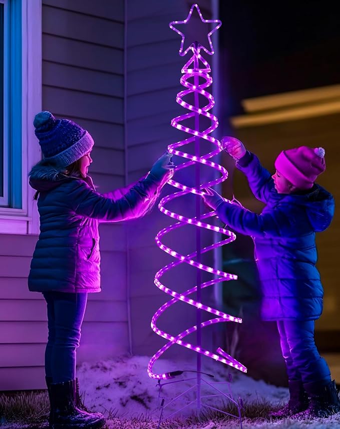 Double Spiral Christmas Tree Light Outdoor, Color Changing Remote Control Outdoor Light Up Christmas Tree with 8 Modes, 24V Plug&Play ETL Waterproof for Xmas Yard, RGB+IC, 5FT