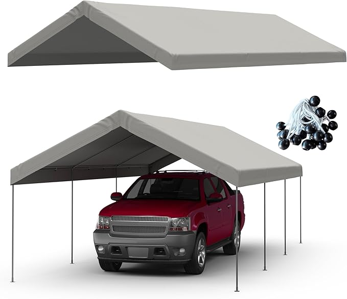 10x20 FT Carport Replacement Canopy Top Upgraded Car Port Canopy Cover for Carport Party Tent Waterproof & UV Protected, Easy Installation with Ball Bungees, Grey (Top Cover Only, Frame Not Included)