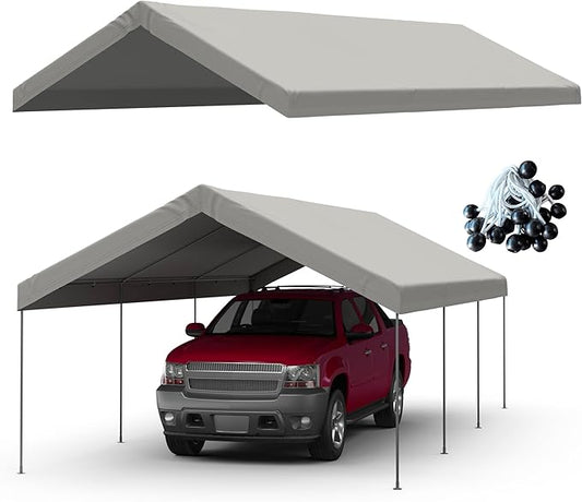 12x20 FT Carport Replacement Canopy Top Upgraded Car Port Canopy Cover for Carport Party Tent Waterproof & UV Protected, Easy Installation with Ball Bungees, Grey (Top Cover Only, Frame Not Included)