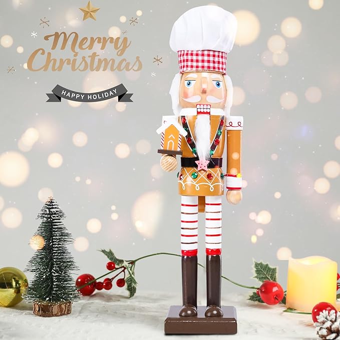 Christmas Nutcracker Decoration - 15 Inch Wooden Gingerbread House Soldier Figure for Table Desktop Home Christmas Decor Xmas Indoor Decor Cook