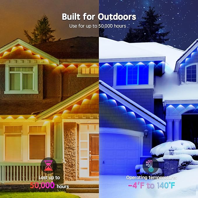 50FT Permanent Outdoor RGB Lights,IP67 Waterproof Smart LED Eaves Lights with App/Remote Control,for Christmas and All Holiday Decor,Daily and Accent Lighting,House Roof and Garden Lighting