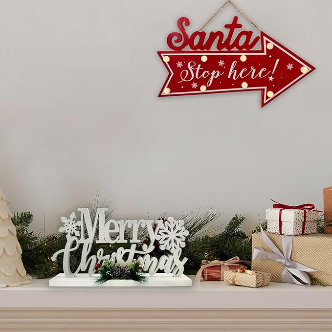 Christmas Decorations Merry Christmas Decor Snowflake Silver Shining Sign Farmhouse Wooden Winter Rustic Decor Vintage Holiday Block Tabletop for Home Kitchen Xmas