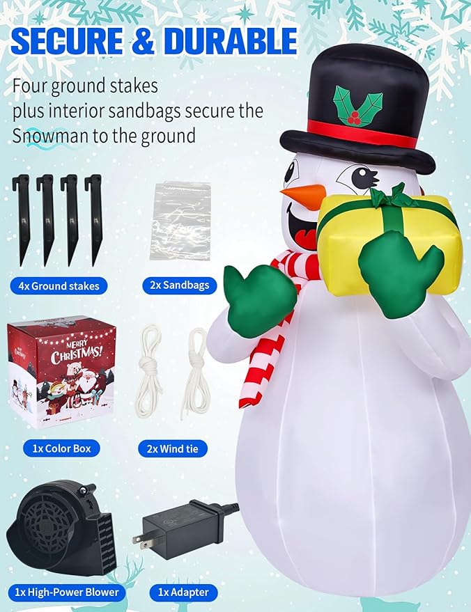6FT Christmas Inflatables Outdoor Decorations,Inflatable Snowman Holding Gift Box Build-in LED Light-Christmas Blow Up Yard Decorations for for Indoor/Outdoor Holiday Garden Lawn Yard Patio