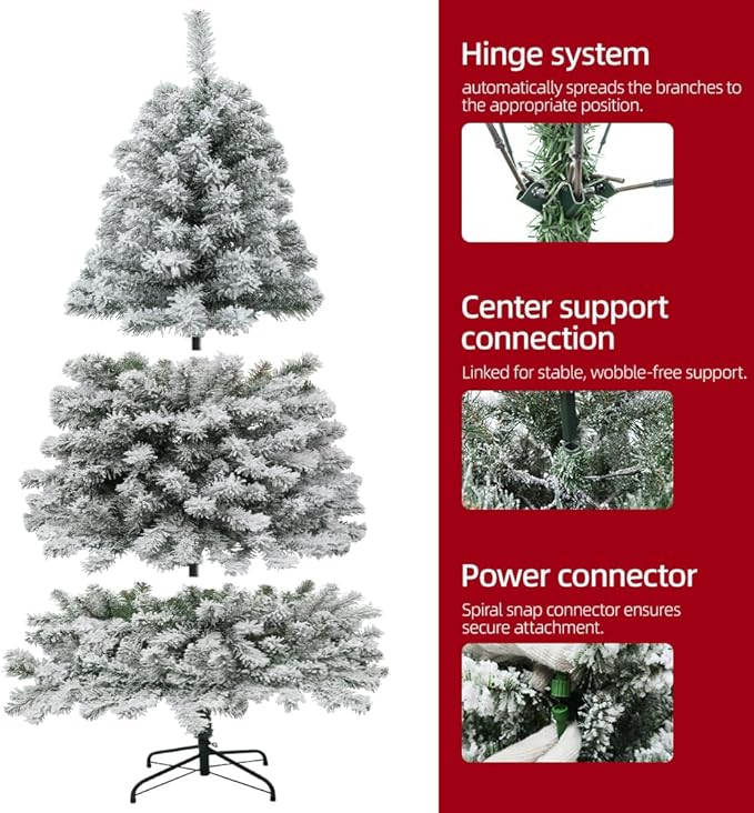 Prelit Christmas Tree With Lights 7.5ft,Premium Snow Flocked Artificial Xmas Tree, With 1364 Branch Tips and 550 Warm Lightsm,Support Automatique,Perfect Choice for Christmas Decorations,White