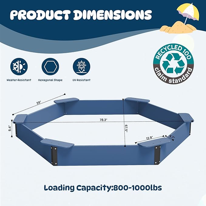 FOOWIN Hexagonal Outdoor Sandbox with Cover for Kids, HDPE Large Sandpit w/6 Benches, for Aged 3-12 Years Old, Sand Box for Children, Bottom Liner,Blue