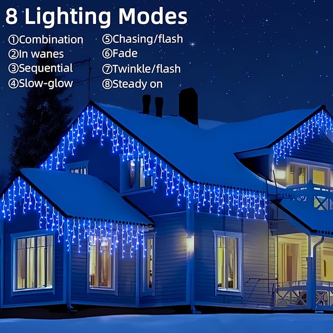 Christmas Outdoor Icicle Lights - 200 LED 21+16 FT 8 Modes Curtain Fairy String Light Plug in, Waterproof for Eaves Yard Holiday Xmas Holiday Indoor Outdoor Decoration - Blue