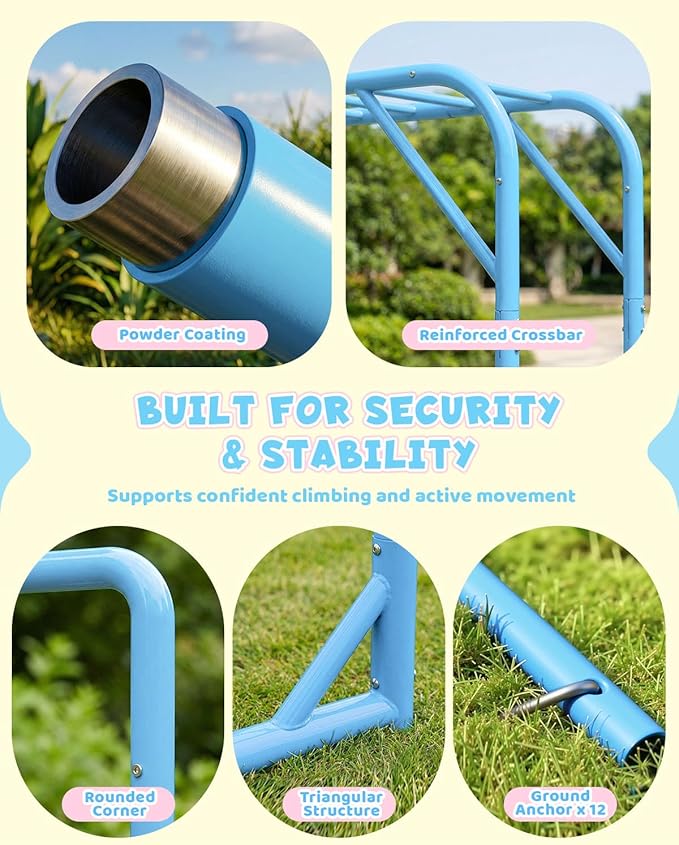 Outdoor Monkey Bar Set with Climbing Frame, Gymnastics bars, Playground Set for Backyards, Metal Monkey Bar for Kids Age 3 and Up, Backyard Playground Set with Powder Coated Steel, SkyBlue