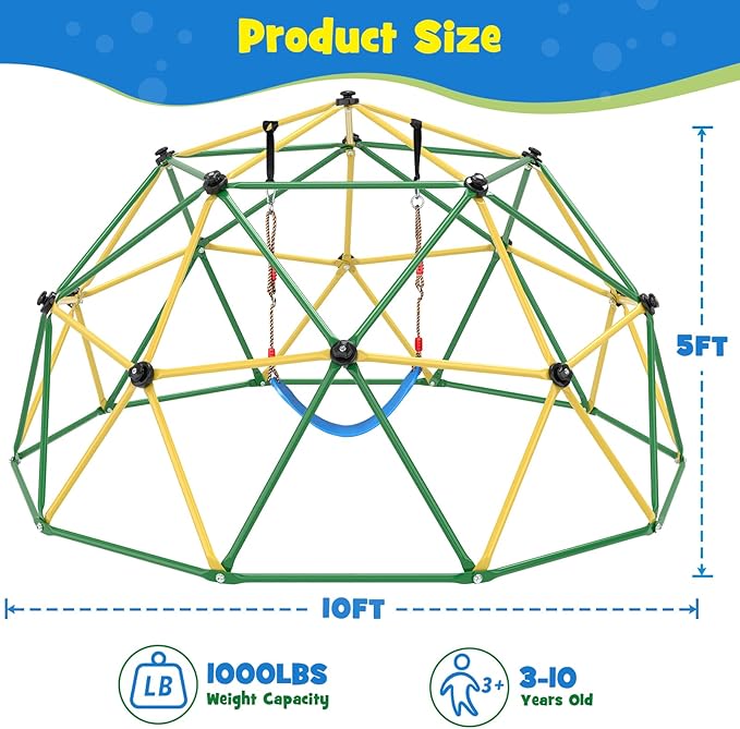Climbing Dome, 10FT Climber with Hammock & Swing, Jungle Gym Backyard for Kids, 2025 Upgraded Model Indoor Outdoor Toddler Play Equipment, Easy Assembly, Safety Certified