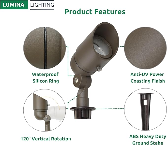 Lumina Lighting® 4W Landscape Lighting 12V Landscape Lights Low Voltage Landscape Spotlights Warm White Waterproof Outdoor Replaceable LED Bulb for Garden, Lawn, Porch, Patio and Yard (Bronze, 6-Pack)