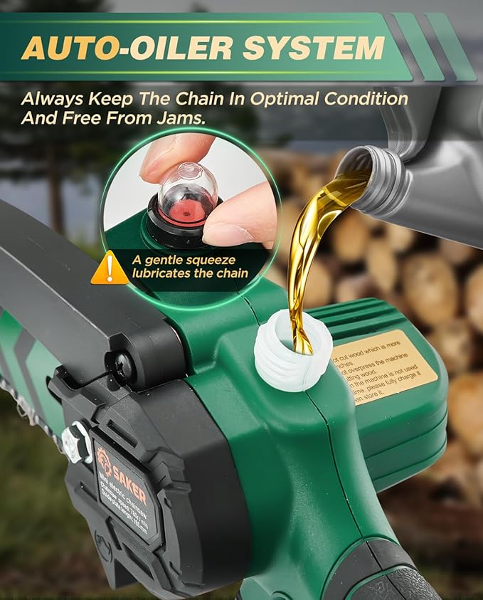 Saker Mini Chainsaw with Auto Oiler|6 Inch Chainsaws[2025 Upgraded]|Mini Cordless Electric Chain Saw|Small Handheld Portable Chainsaw Battery Powered for Tree Trimmer and Garden 1 Battery+2 Chains
