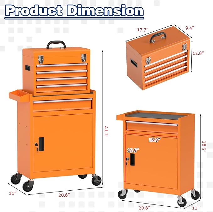 Rolling Tool Box with Wheels, 5-Drawer High Capacity Tool Chest with Wheels, Removable Storage Toolbox with Lock for Garage, Workshop (Orange)