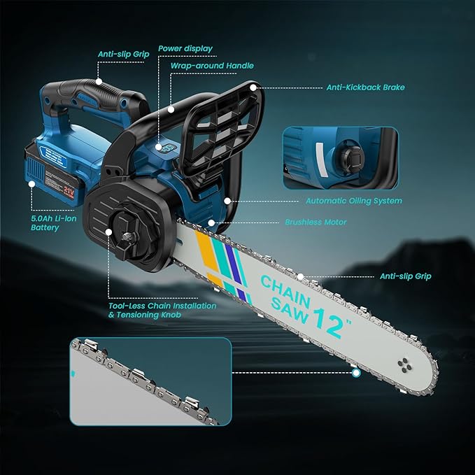 10000mAh Brushless Mini Chainsaw Cordless 12 inch, Electric Chainsaw Battery Powered Handheld for Tree Branches, Wood Cutting & Trimming
