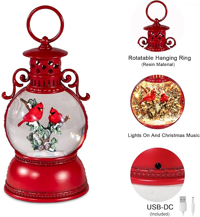 Christmas Snow Globes, Cardinal Christmas Water Globes with 8 Songs, 6H Timer Battery & USB Powered Glitter Snow Globe Music Box Suitable for Christmas Home Decorations Holiday Party Gifts