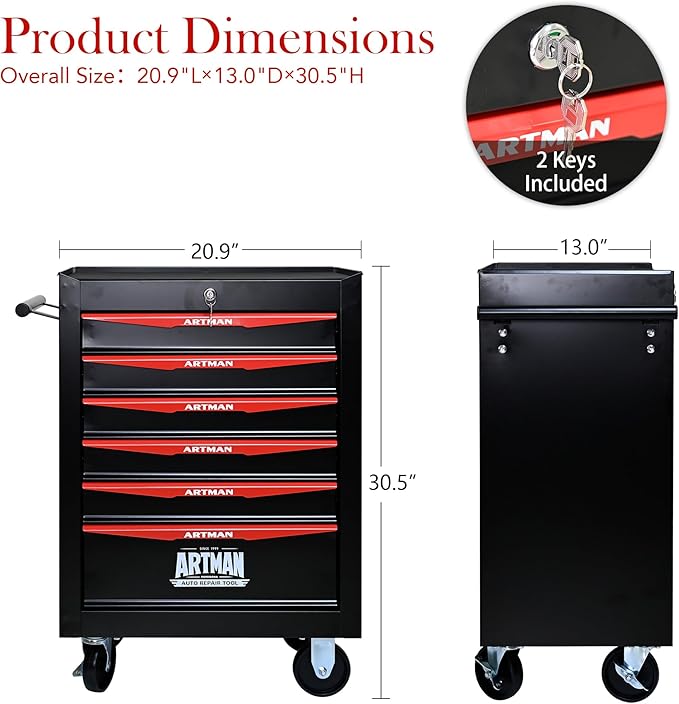 RYH 6 Drawers Rolling Tool Chest - Heavy Duty Mobile Tool Cart with Locking Wheels & Ball Bearing Drawers£¬30.5 H x 20.9 W x 13 D, Garage Tool Storage Cabinet (Black, 6 Drawers)