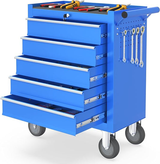 5 Drawers Rolling Tool Chest, Portable Storage Tool Box with Wheels, Tool Chest with Lock for Warehouse, Garage, Repair Shop and Tool Room (Blue)