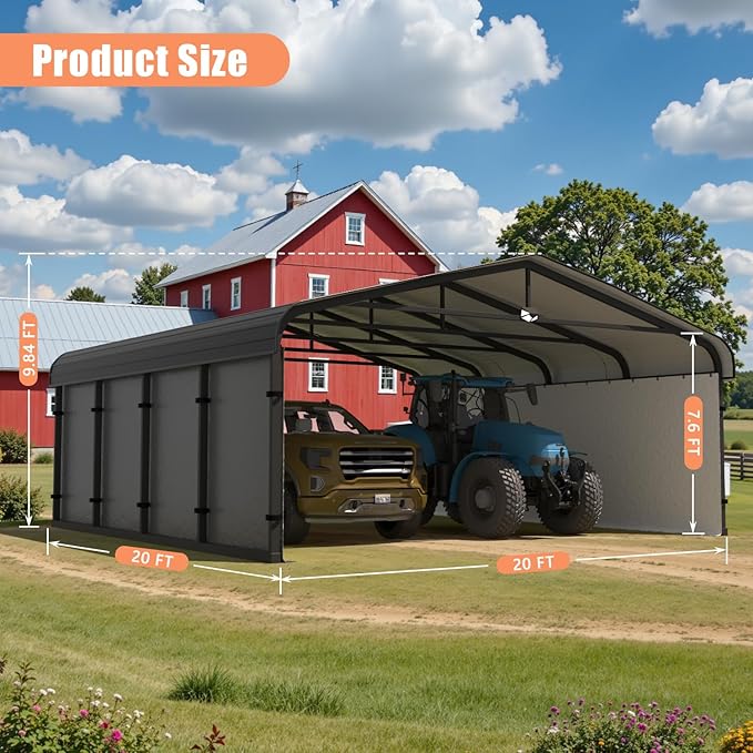 20x20 Metal Carport, Galvanized Steel Roof Car Port with Remvoable Polyethylene Sidewalls
