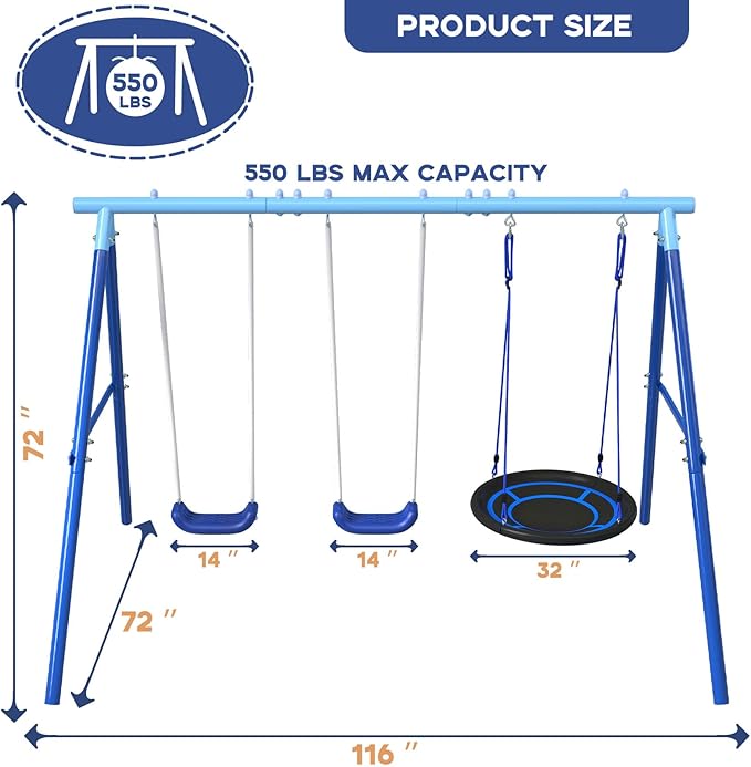 3-in-1 Swing Set for Backyard for Kids 3-8, 550lbs, Heavy Duty Metal A-Frame for Outdoor Playset, Two Blow-Molded Swing Seats and One 32-inch Saucer Swing for Kids Playground