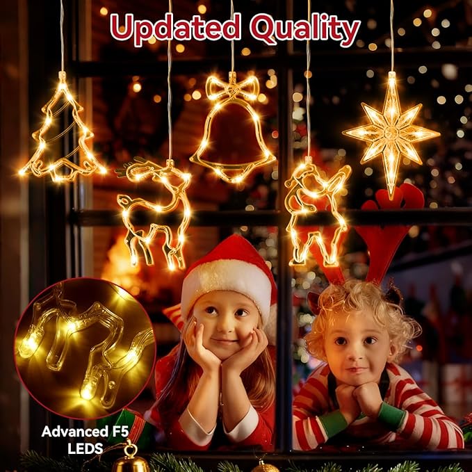 5Pcs Christmas Window Lights, Battery Powered Twinkle Lights Christmas Decorations Indoor Outdoor for Wall Door Porch Balcony Glass Decor with Suction Cup & Timer