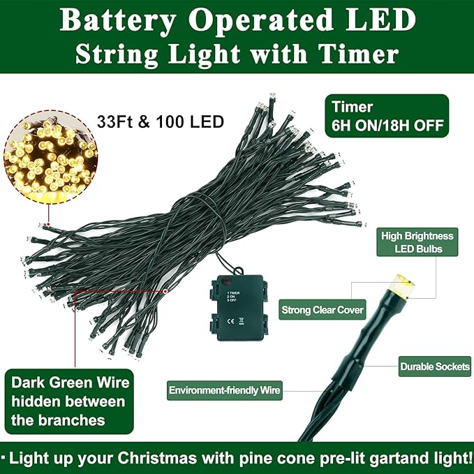 9FT Flocked Christmas Garland with 100 Lights for Mantle - Prelit Christmas Garland Lighted Xmas Garland Pine Cone Berry Cebar Garland Lights with Timer Outdoor Indoor Decorations