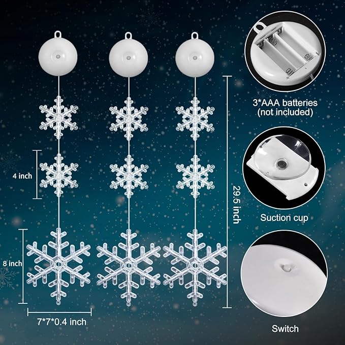 3Pack Christmas Window Lights Decorations with Timer, Battery Powered Christmas Hanging White Lighted Snowflake Shaped LED Sucker String for Xmas Tree Fireplace Indoor Decor