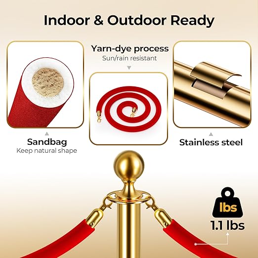 16pcs Sturdy Gold Stanchion Posts and 16pcs High Quality Red Carpet Velvet Ropes, Water/Sand/Concrete Fillable Leakproof Base, Crowd Control Barriers for Birthday, Prom, Business, Wedding