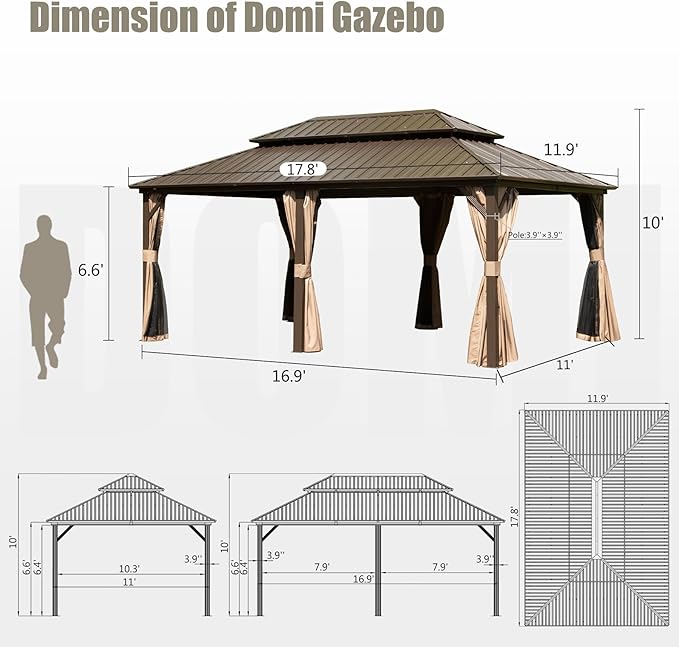 Domi 12’ x 18’ Hardtop Gazebo Aluminum Frame Canopy with Netting & Curtains, Outdoor Permanent Metal Pavilion with Galvanized Steel Double Roof for Patio Lawn and Garden, Brown