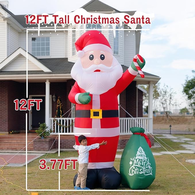 12FT Giant Christmas Blow Up Santa Claus Outdoor Decorations, with Cane Candy & Gift Bag, Built-in LED Lights, Christmas Inflatable Decors, Easy Setup for Outdoor Yard Lawn Holiday Decoration