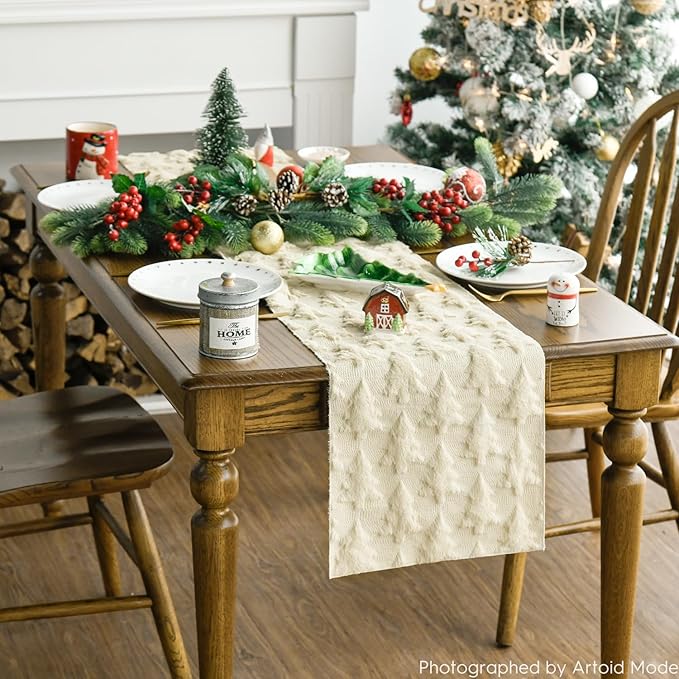 Artoid Mode Christmas Trees Beige Soft Plush Faux Fur Jacquard Christmas Table Runner, Holiday Kitchen Dining Table Decoration for Home Party Decor 13x120 Inch