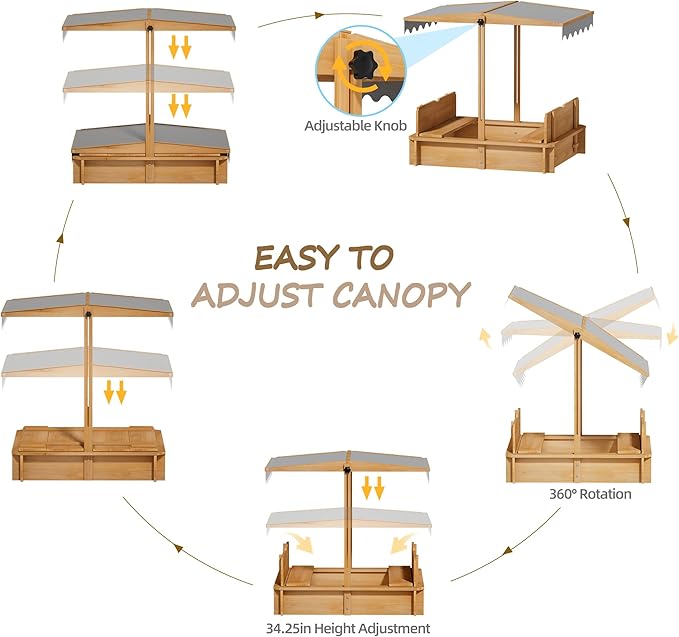 Sandbox with Lid & Cover, Wooden Kids Outdoor Sand Box with Height-Adjustable UV-Resistant Canopy, 2 Foldable Bench Seats & Bottom Liner, 43x43 Inch, Perfect for Backyard, Beach, Garden Play