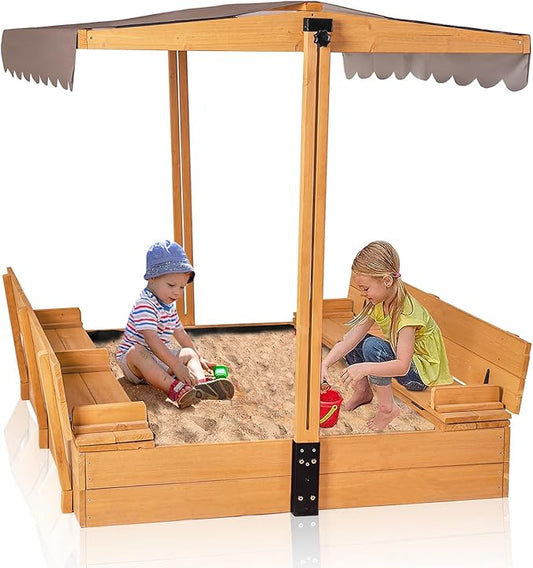 GUTINNEEN Wooden Sandbox with Adjustable Canopy, Outdoor Kids Sand Box with Foldable Benches, Sand Liner, Retractable Roof, 47¡±Lx47¡±Wx52¡±H