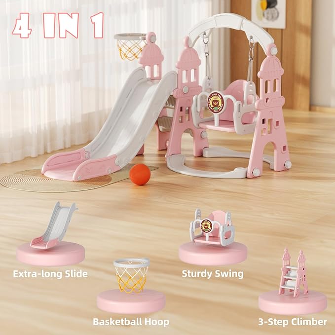 KORIMEFA 4-in-1 Kids Slide and Swing Set, Toddler Slide with Basketball Hoop, Swing, Outdoor Indoor Playground for Toddlers 1-3 (4 in 1-Pink)
