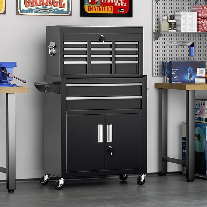 Crownland 8-Drawer Rolling Tool Chest with Wheels, Lockable 2 in 1 Detachable Tool Cabinet wit Drawers and Black Liners, Garage Top Toolbox & Bottom Storage Cart with Side Hooks(Black)