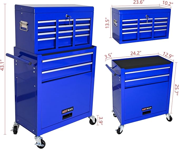 High Capacity Rolling Tool Chest with Wheels and 8 Drawers,Metal Storage Tool Cabinet W/Mobile Case,Pull Handle,4 Hooks,for Workshop Mechanics Garage,Blue
