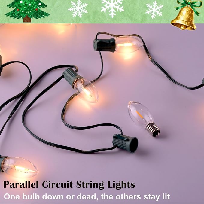 C9 LED Outdoor Christmas Lights,C9 String Lights with Quick Clips,for Xmas House Roof Gutter,Plug in & Connectable,50FT 50 Light,Warm White