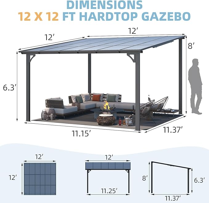 AECOJOY 12' x 12' Gazebo Outdoor Pergola for Patio, Large Wall-Mounted Hard Top Lean to Metal Gazebo Shelter Pergolas and Gazebos Clearance with Patio Roof, Heavy Duty Awnings for Patio, Decks