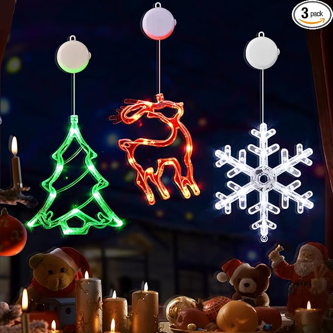 LOLStar Christmas Decorations, 3 Pack Reindeer, Christmas Tree, and Snowflake Window Lights with Suction Cup, Timer Function & Slow Fade Mode Battery Operated Indoor Lights for Christmas Eve New Year