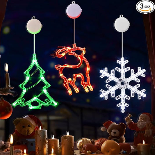 LOLStar Christmas Decorations, 3 Pack Reindeer, Christmas Tree, and Snowflake Window Lights with Suction Cup, Timer Function & Slow Fade Mode Battery Operated Indoor Lights for Christmas Eve New Year