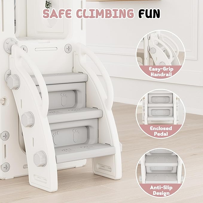 8 in 1 Toddler Slide, Outdoor Indoor Playset for Kids Baby Age 1 2 3, Childs Climber Slide with Storage Space and Non-Slip Steps, Basketball Hoopa and Telescope, Gray & White