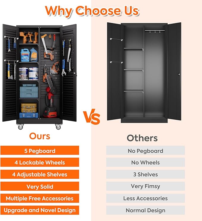 Aobabo Metal Broom Closet Storage Cabinets,Steel Mop and Broom Cabinet with Adjustable Shelves,Lock,Pegboards and Wheels,Assembly Required,Black